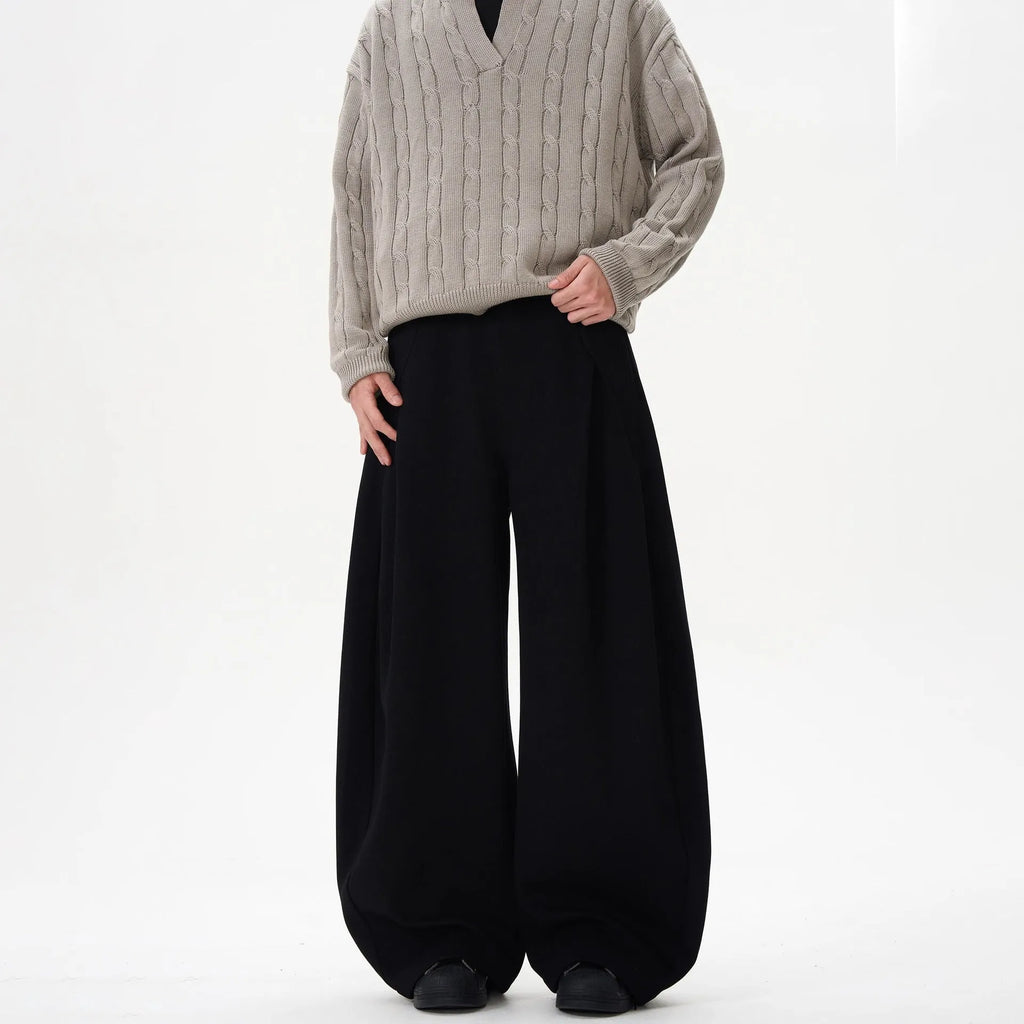Women's wide-leg polyester trousers in black, mid-rise, American retro casual style, size M to 3XL