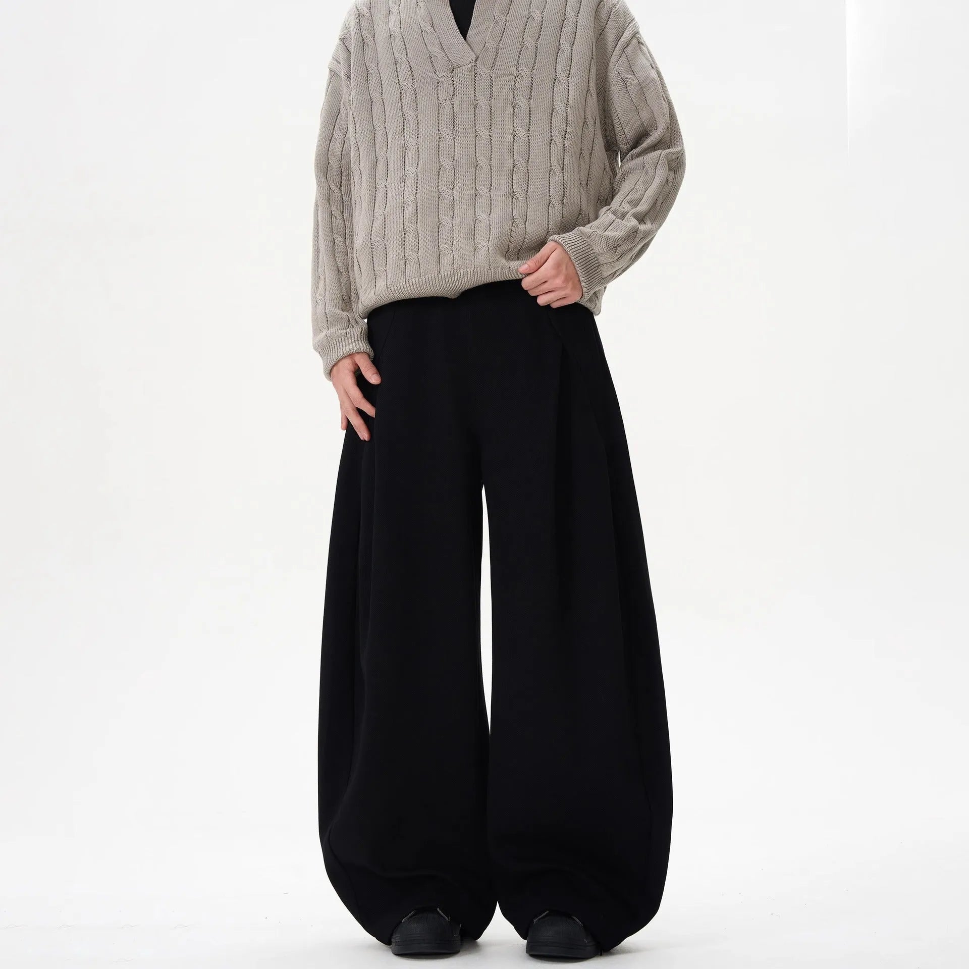 Women's wide-leg polyester trousers in black, mid-rise, American retro casual style, size M to 3XL