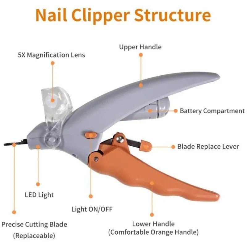 Yellow pet nail clipper with LED light on and magnifying lens visible, showing ergonomic handle design.