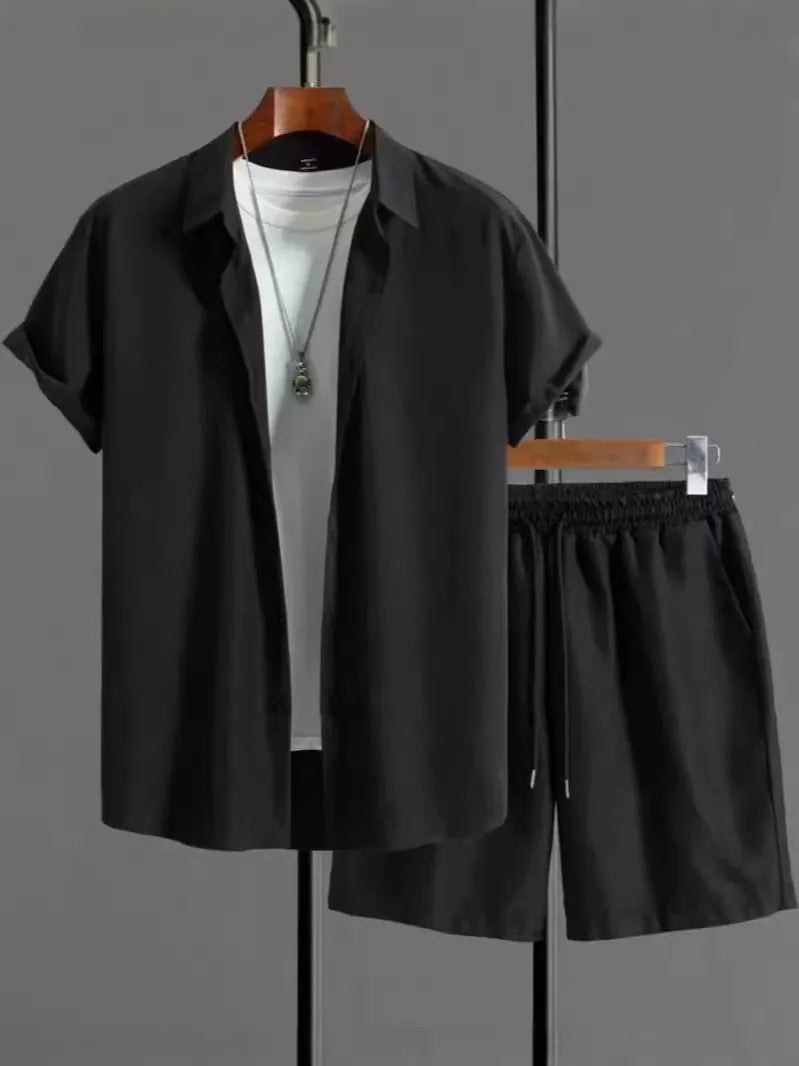 Black and white jacquard short sleeve suit set with shirt and shorts in solid color