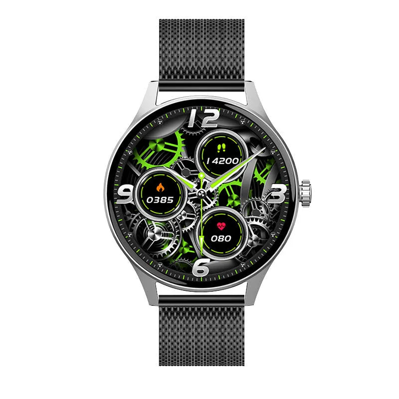 Black smart watch with blood sugar detection on a silicone strap, showing AMOLED screen.