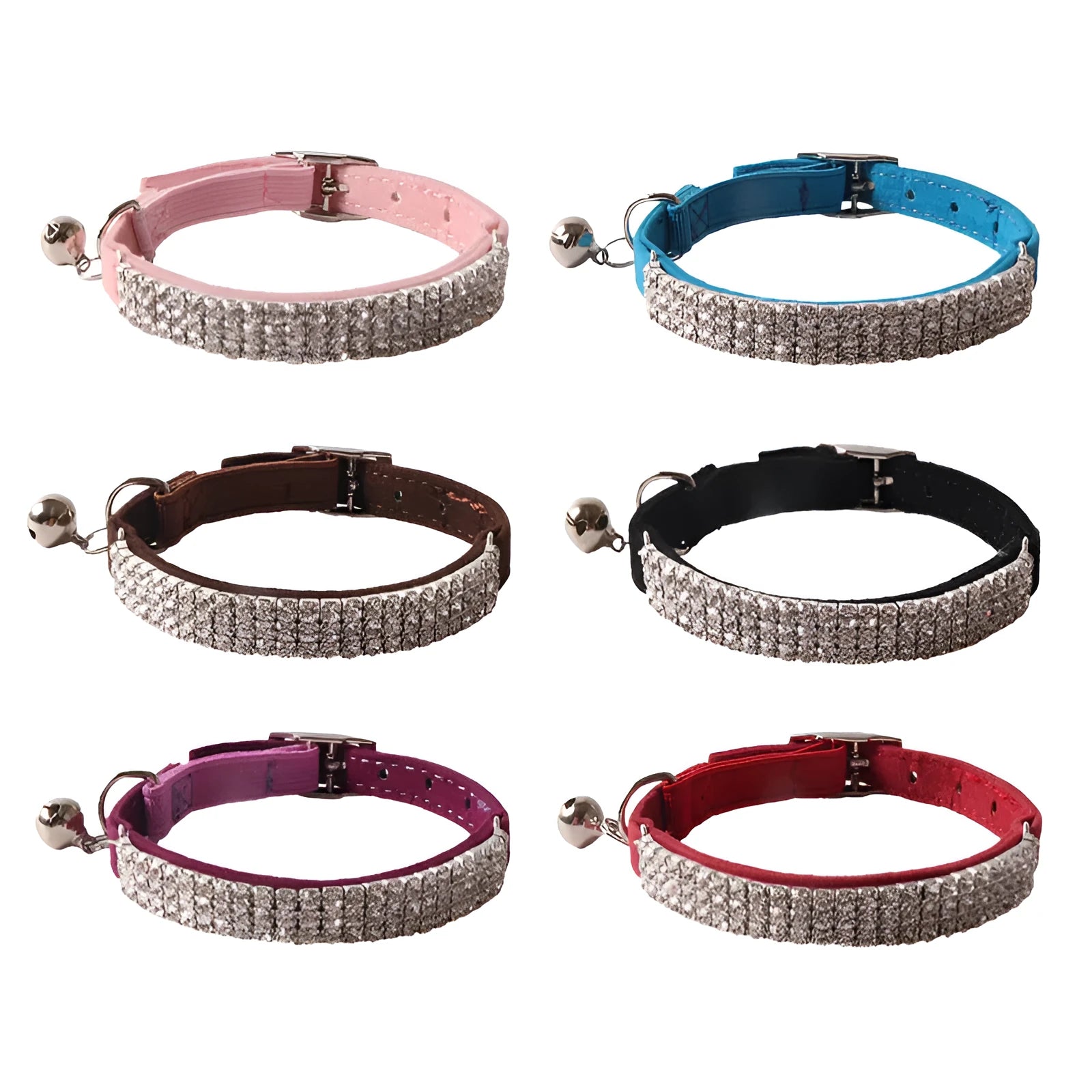 Flocked material cat collar with elastic buckle in assorted colours on a white background.