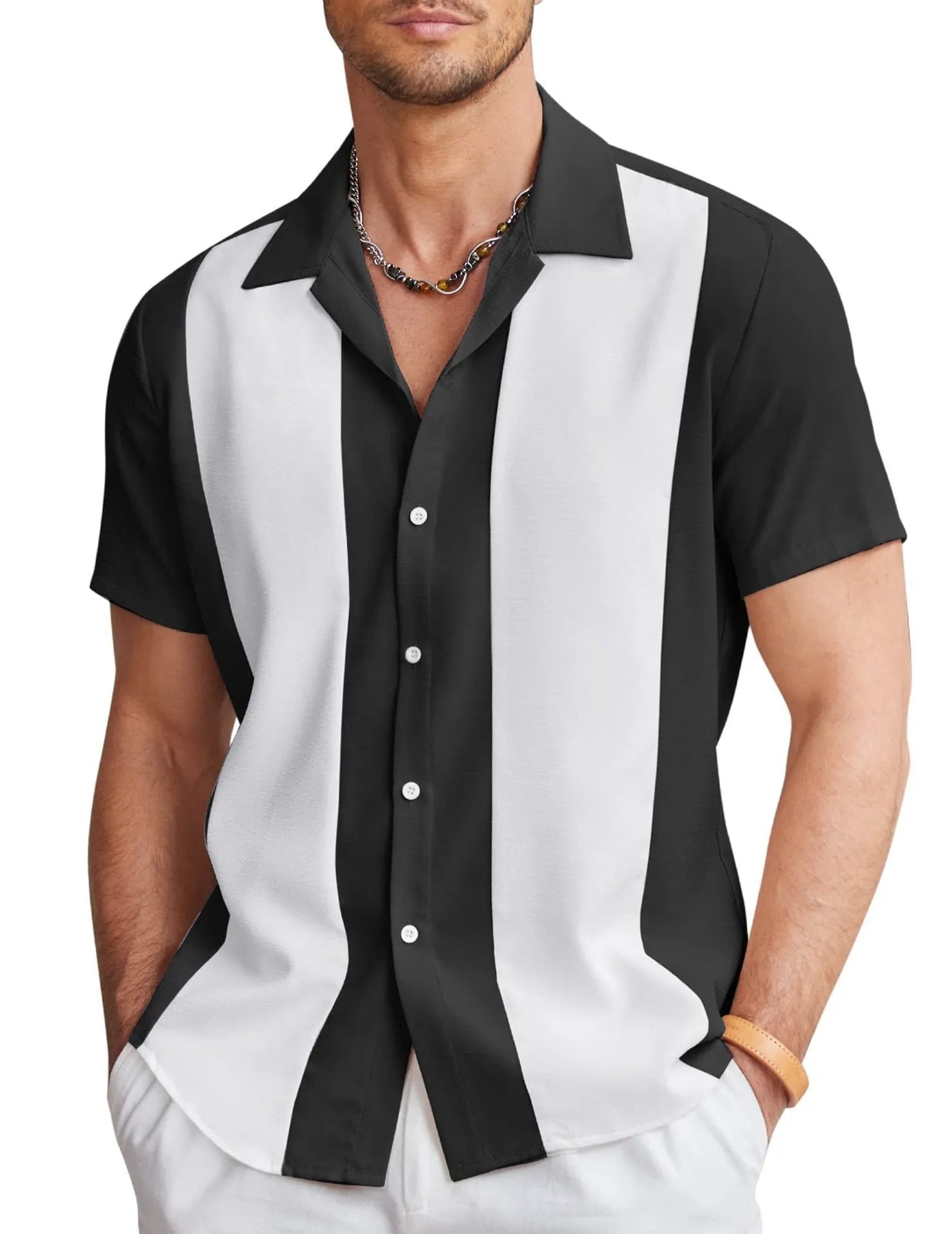 Men's slim fit Hawaiian short sleeve shirt in elastic polyester fabric