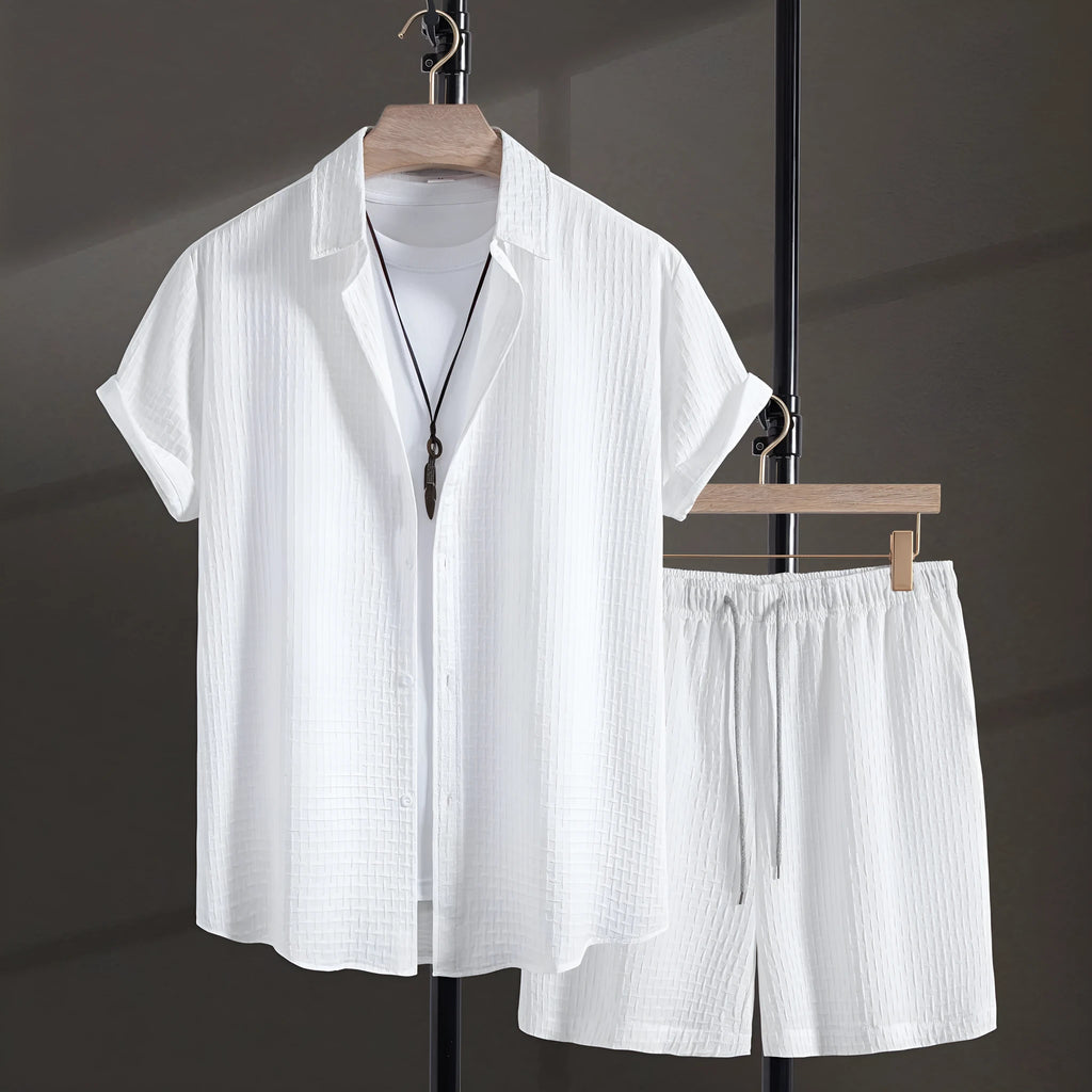 Men's loose fit cotton blend shirt and shorts suit in black or white for summer casual wear