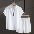 Men's loose fit cotton blend shirt and shorts suit in black or white for summer casual wear