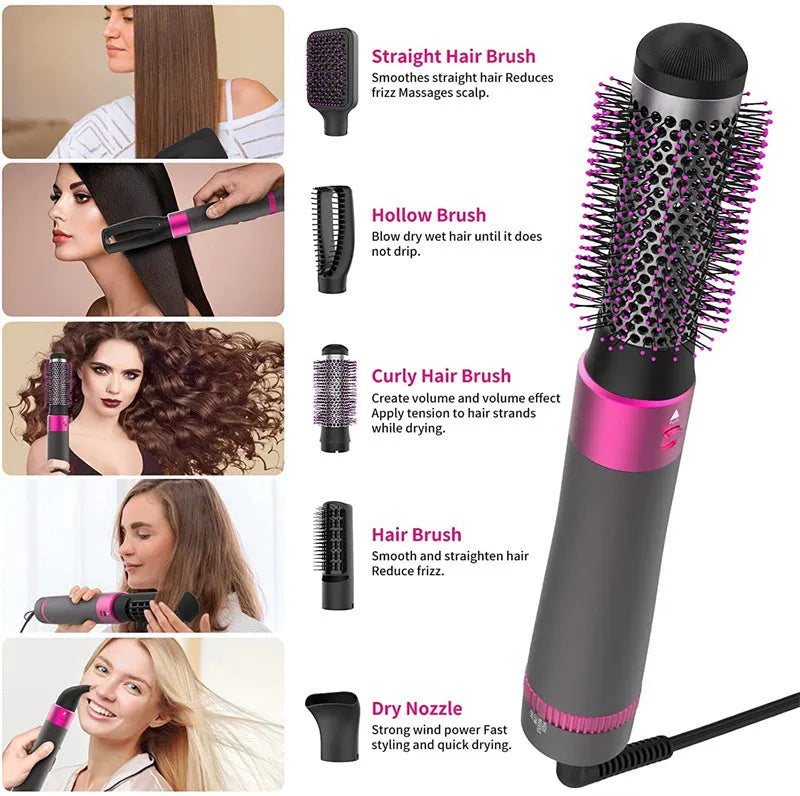 Dyson grey 5-in-1 hair dryer brush and straightening brush with five interchangeable attachments on a white background