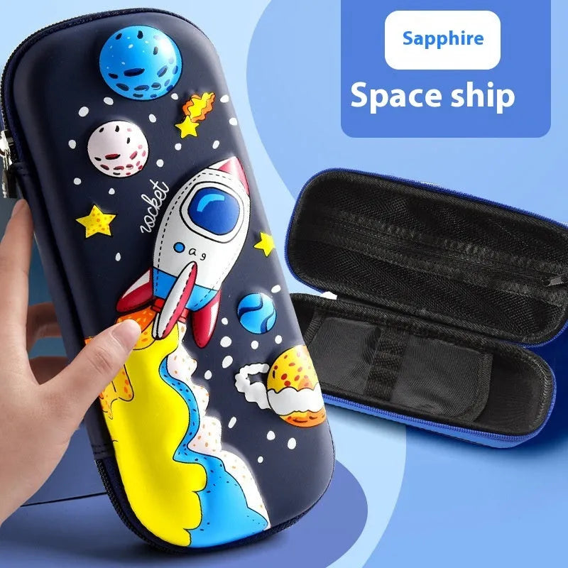 3D leather pencil case with decorative design options including astronauts, dinosaurs and mermaids