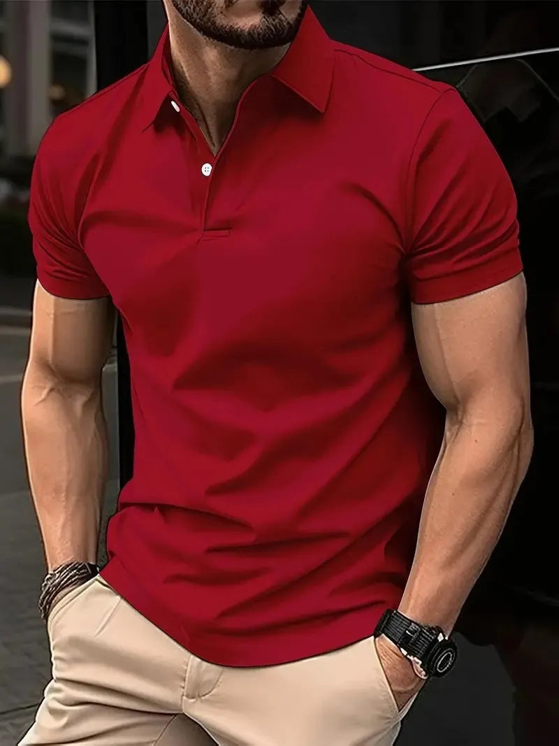 Man wearing a slim fit solid colour short sleeve casual shirt in a cotton blend fabric.