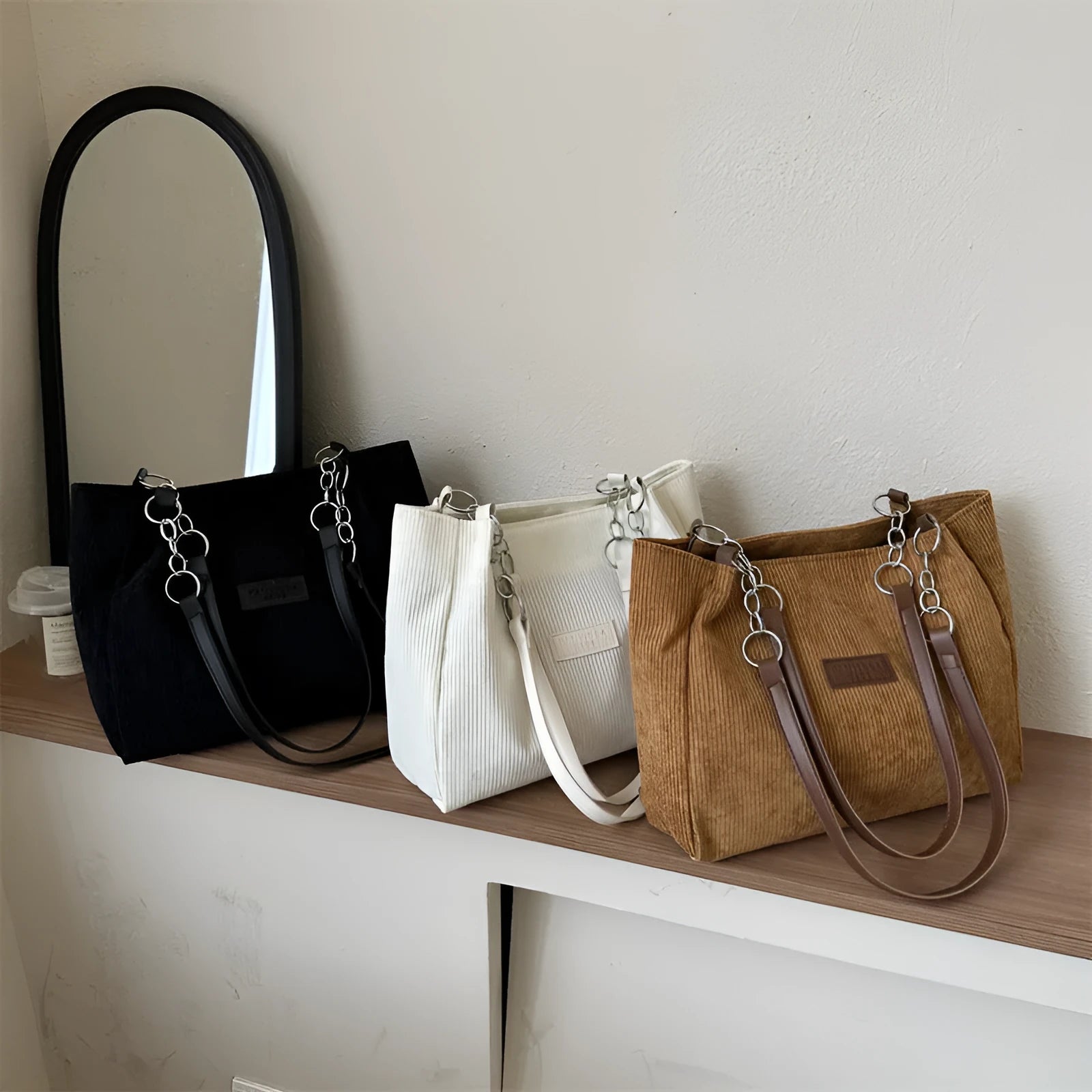 Corduroy tote bag with three-dimensional pockets in black colour option