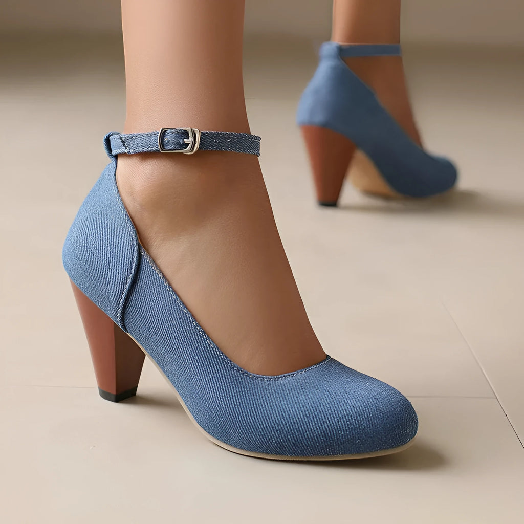 Women's blue denim waterproof platform high-heel shoes with buckle fastening and round toe design