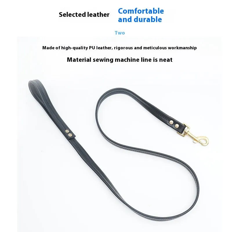 Black PU leather dog lead with traction rope showing adjustable length options for pet control