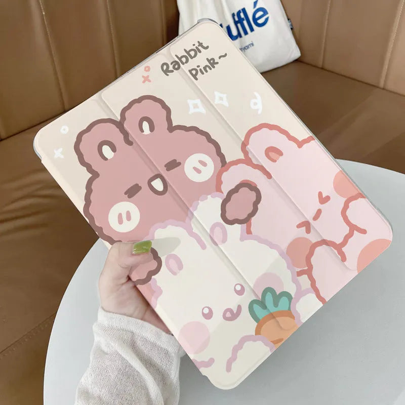 Silicone tri-fold iPad protective case with rabbit cartoon design, shown in stand mode.