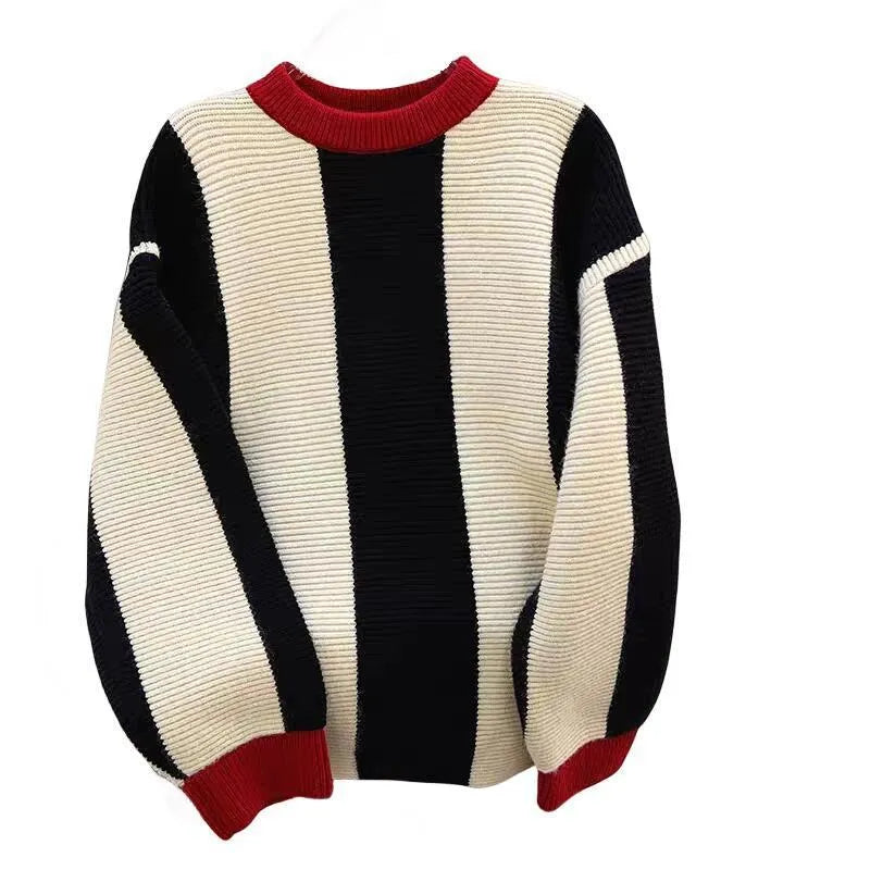 Women's striped cashmere sweater with contrast colour round neck pullover