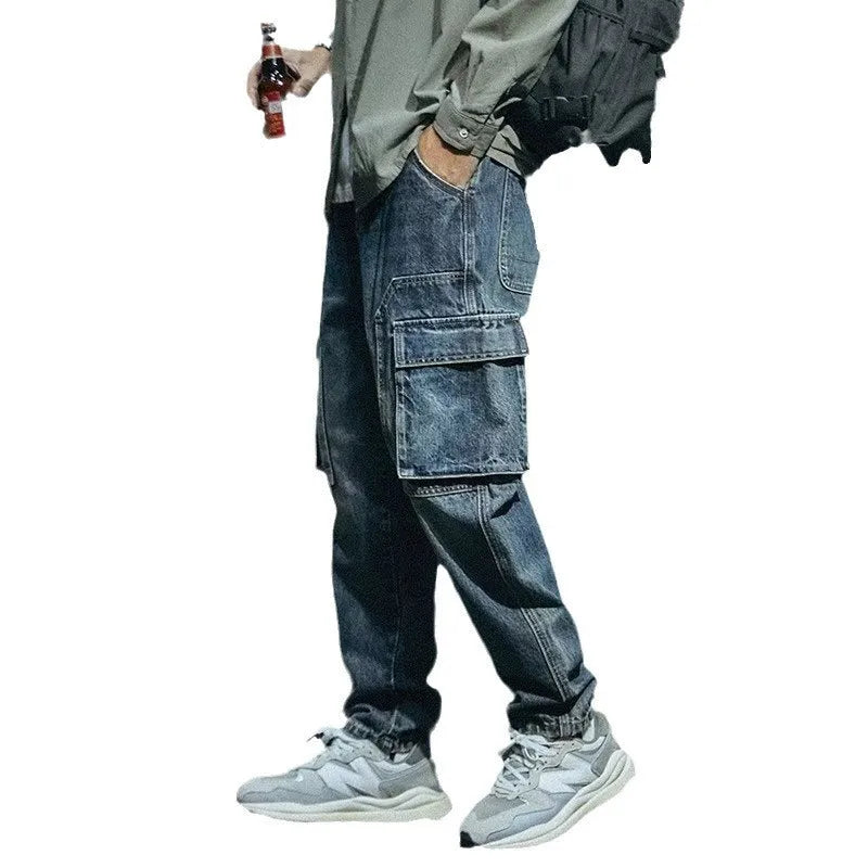Men's blue loose straight retro fashion stretch pants with zip placket fly for leisure wear