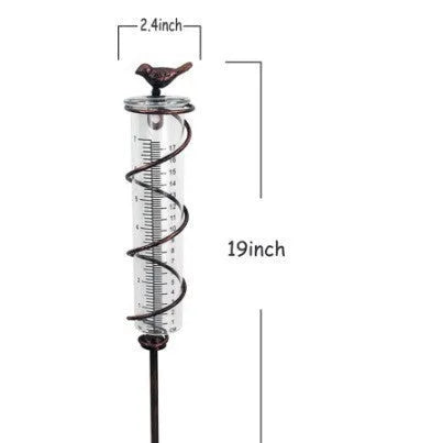 Cast iron stand with glass tube rain gauge featuring bird decoration and 1-20 measurement scale.
