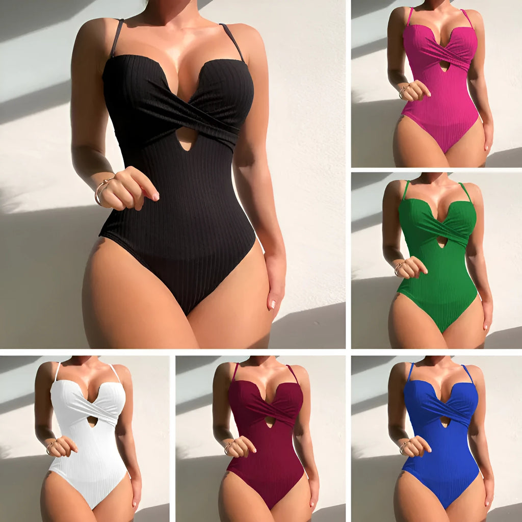 Women's solid colour one-piece slimming swimsuit on hanger