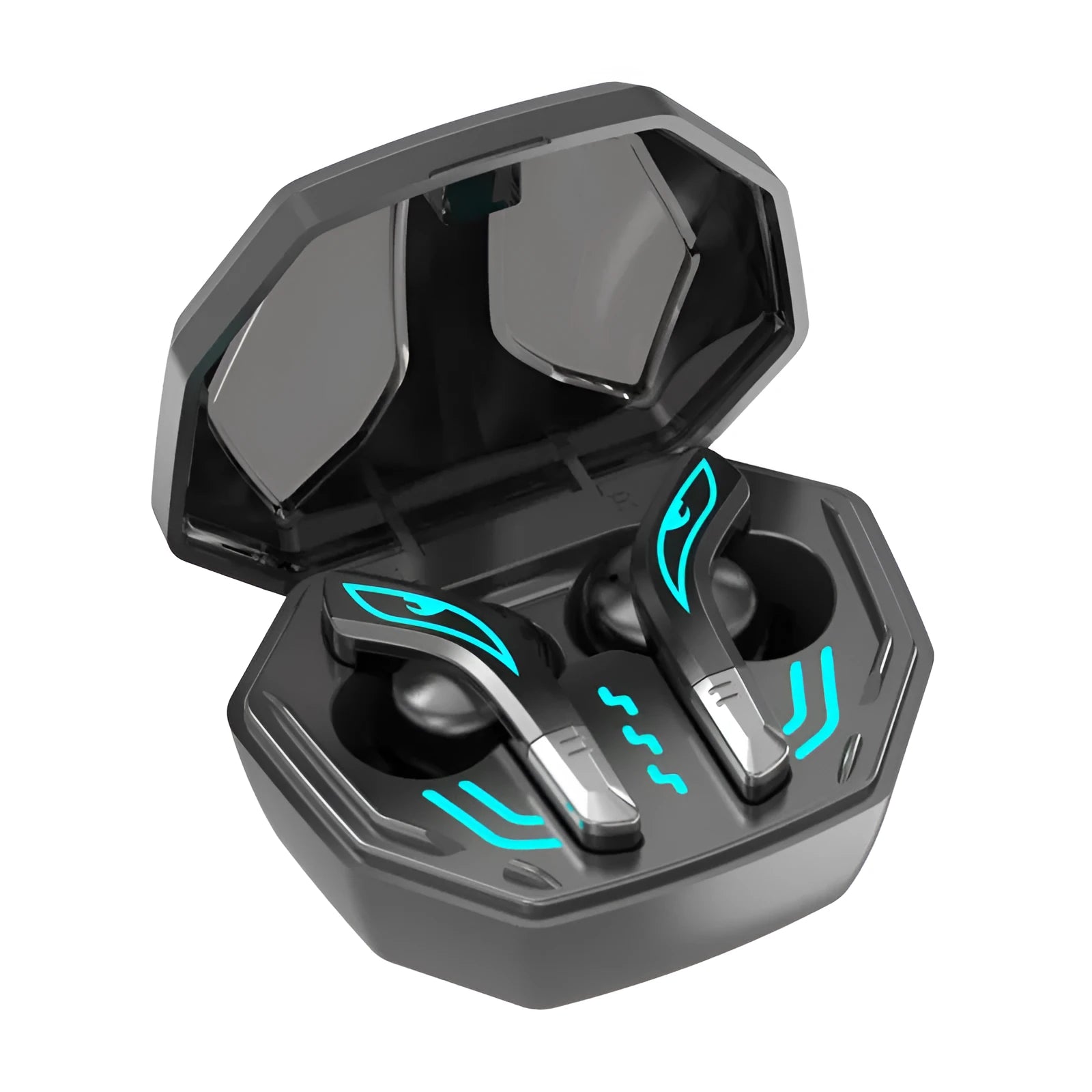 X15 wireless in-ear Bluetooth gaming headphones in black with charging case.