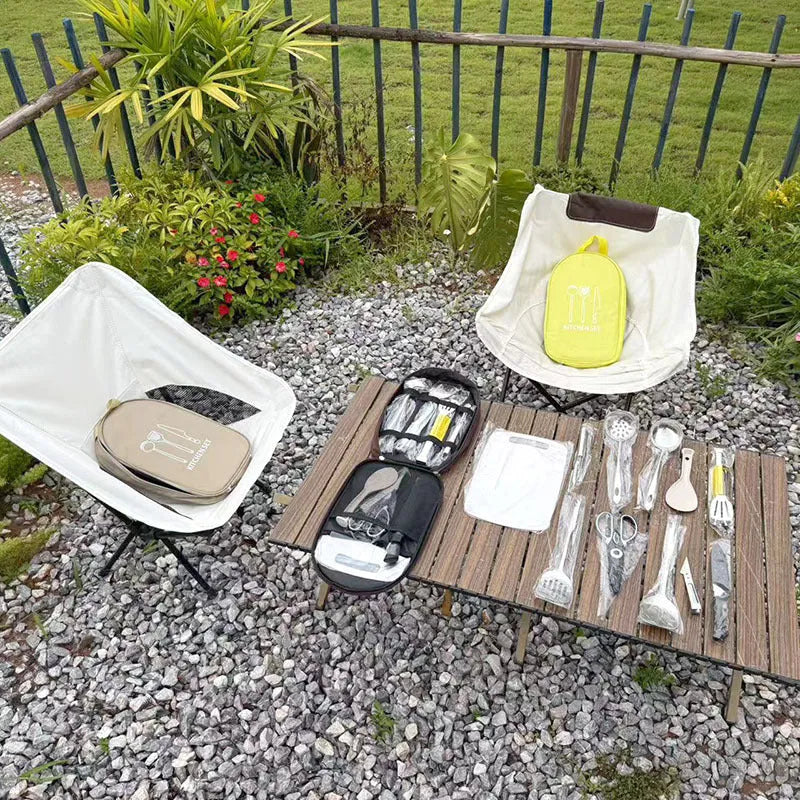 Portable 12 piece stainless steel picnic kitchenware set in storage bag for camping