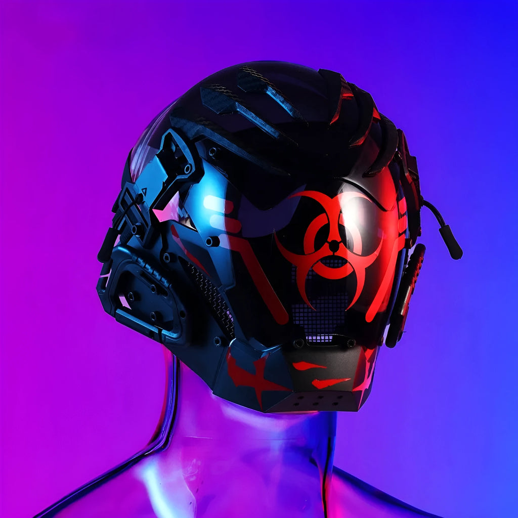 Black cybernetic full face helmet costume prop mask