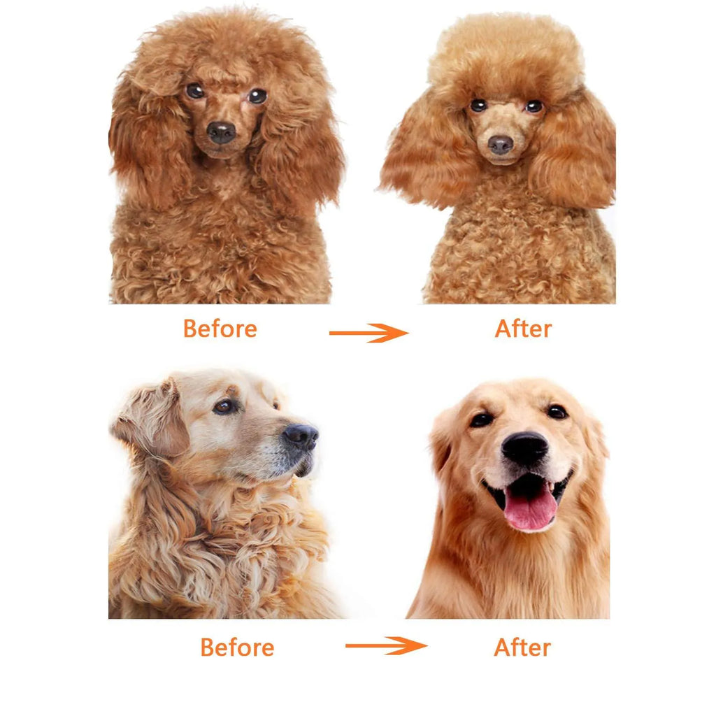 Red pet dematting comb with short and long stainless steel teeth and a plastic handle.