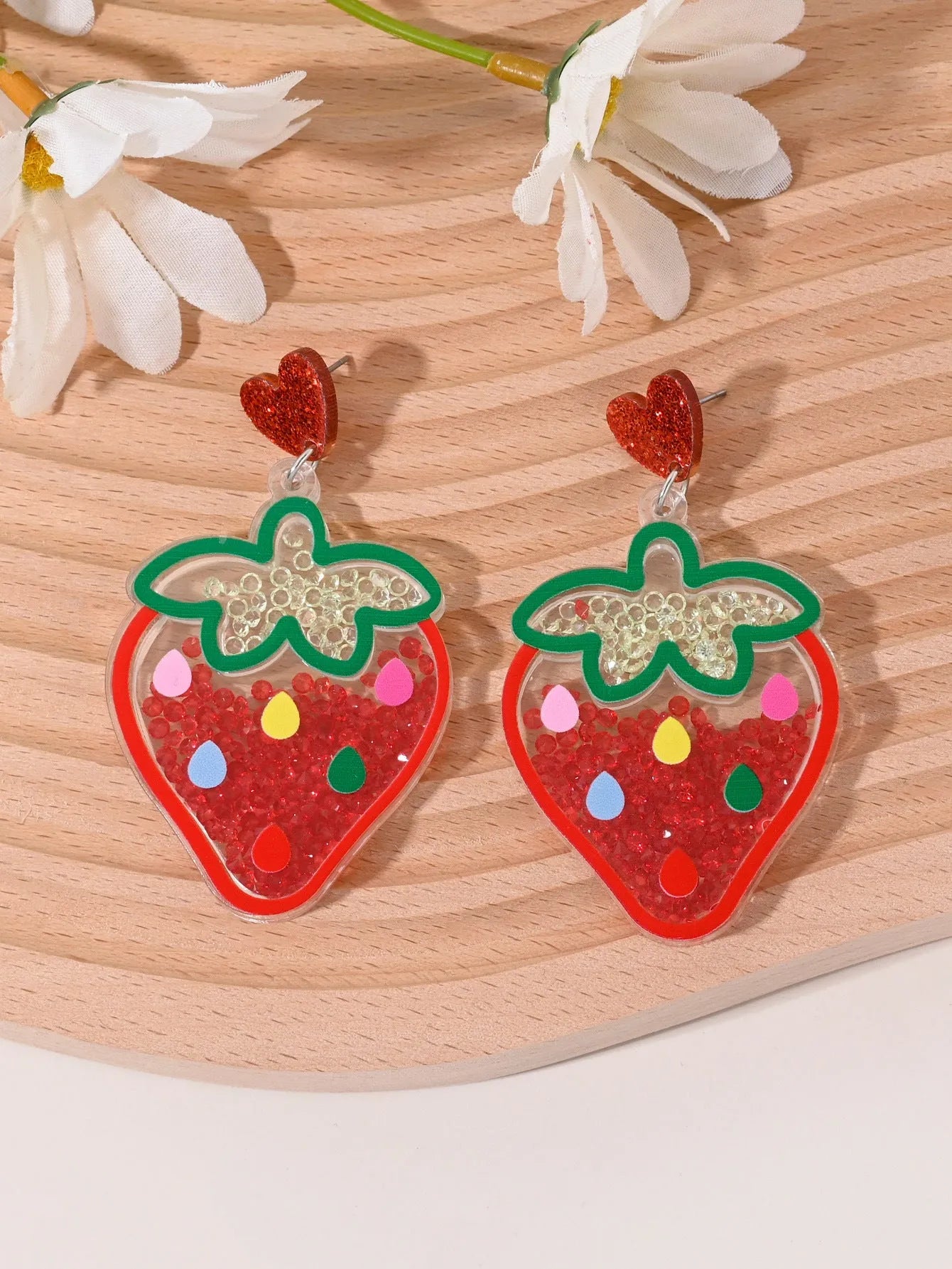 Acrylic fruit earrings for women showing cherry, strawberry, watermelon, pineapple designs