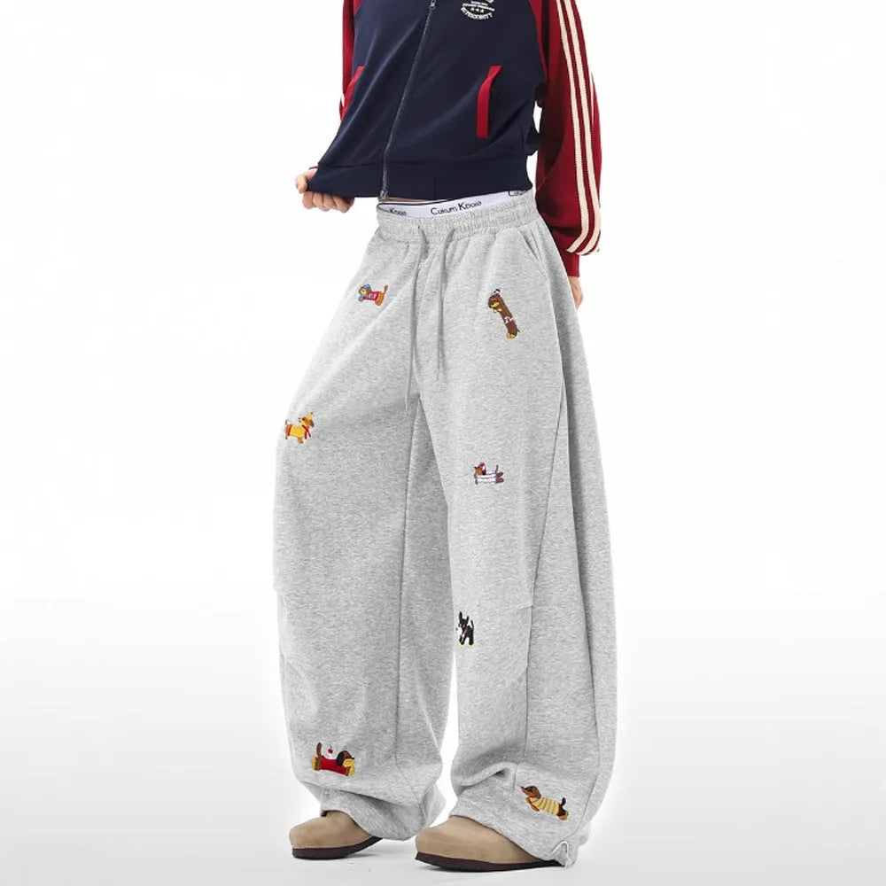 Lazy sausage dog embroidered machete sweatpants in gray, loose-fit polyester autumn casual trousers