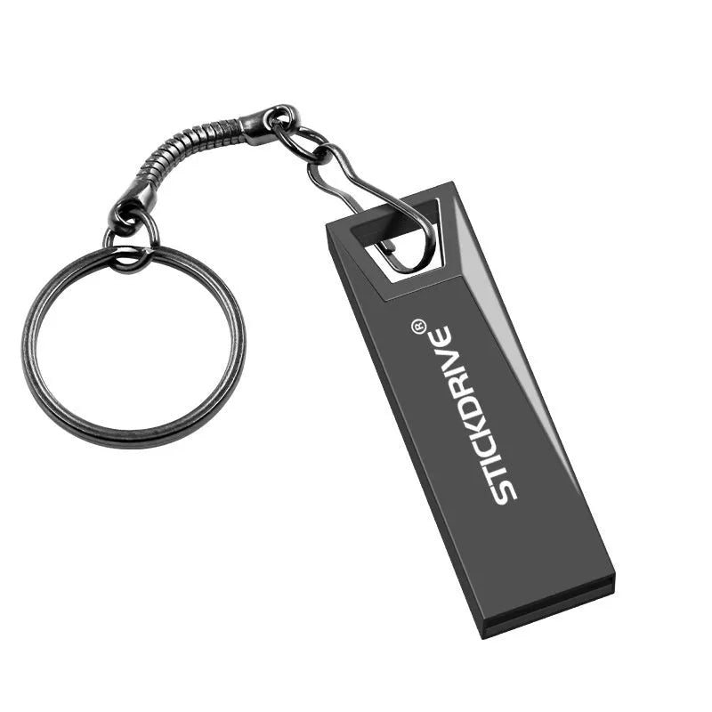 Metal USB flash drive on a keyring lanyard with silver finish