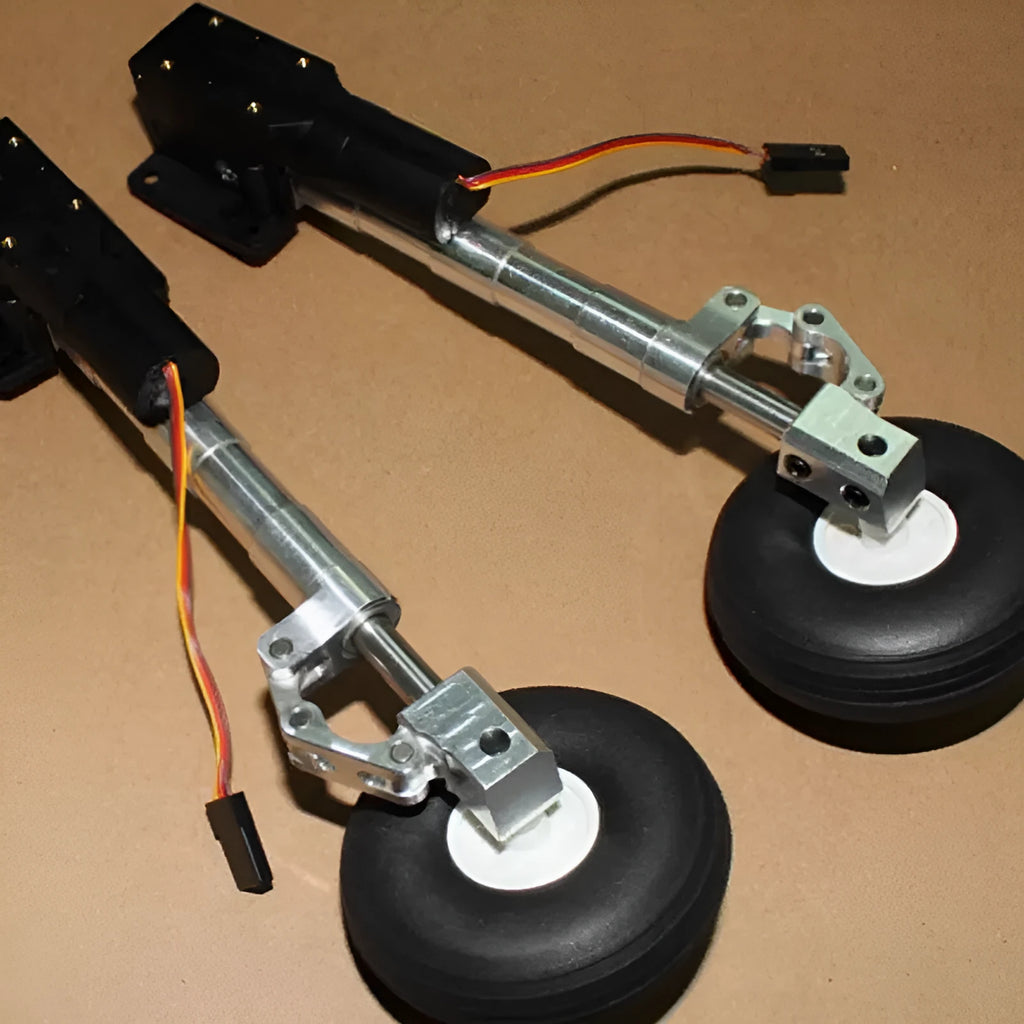 Alloy retractable shock-absorbing landing gear for model aircraft with wheels.