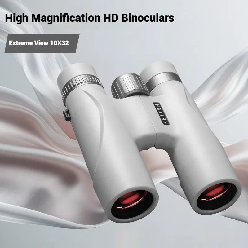 10x32 grey or blue plastic binoculars showing 112mm compact dimensions with optical specifications