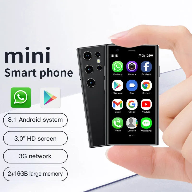 Mini smartphone with 30-inch screen in black, green, or pink purple colours showing straight plate design