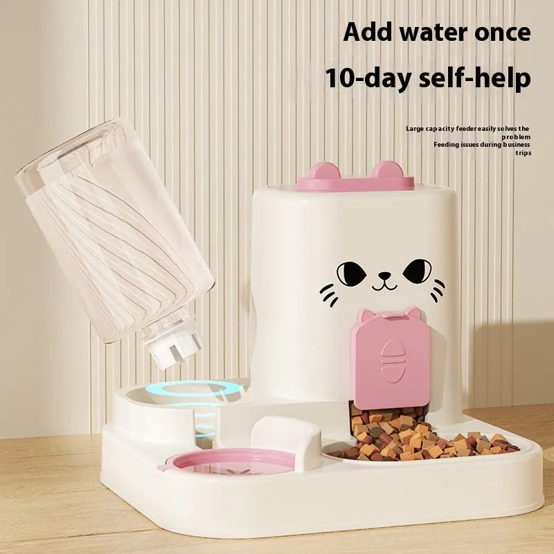 PP plastic cat feeder with integrated water and grain compartments in gray cat face design