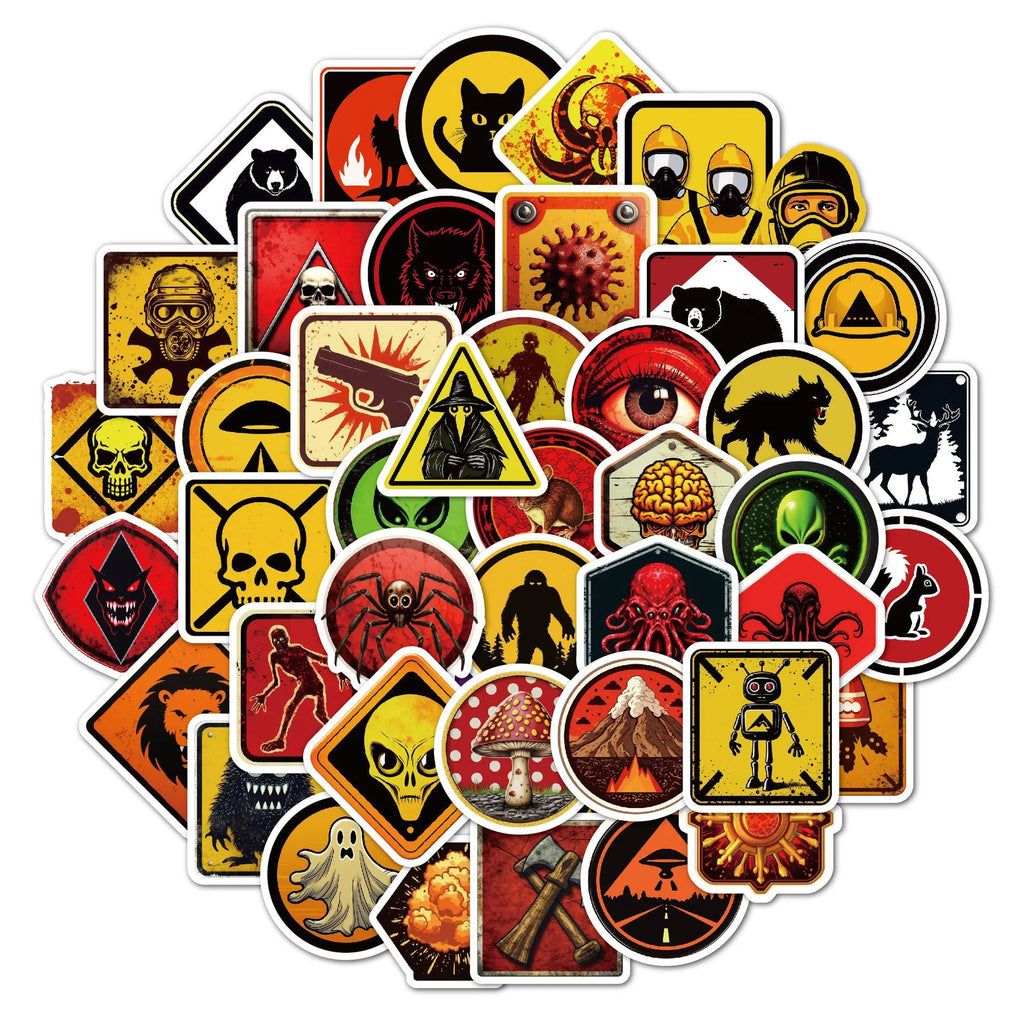 Pack of 50 personalised waterproof warning stickers with graffiti-style slogans on PVC adhesive.