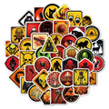 Pack of 50 personalised waterproof warning stickers with graffiti-style slogans on PVC adhesive.