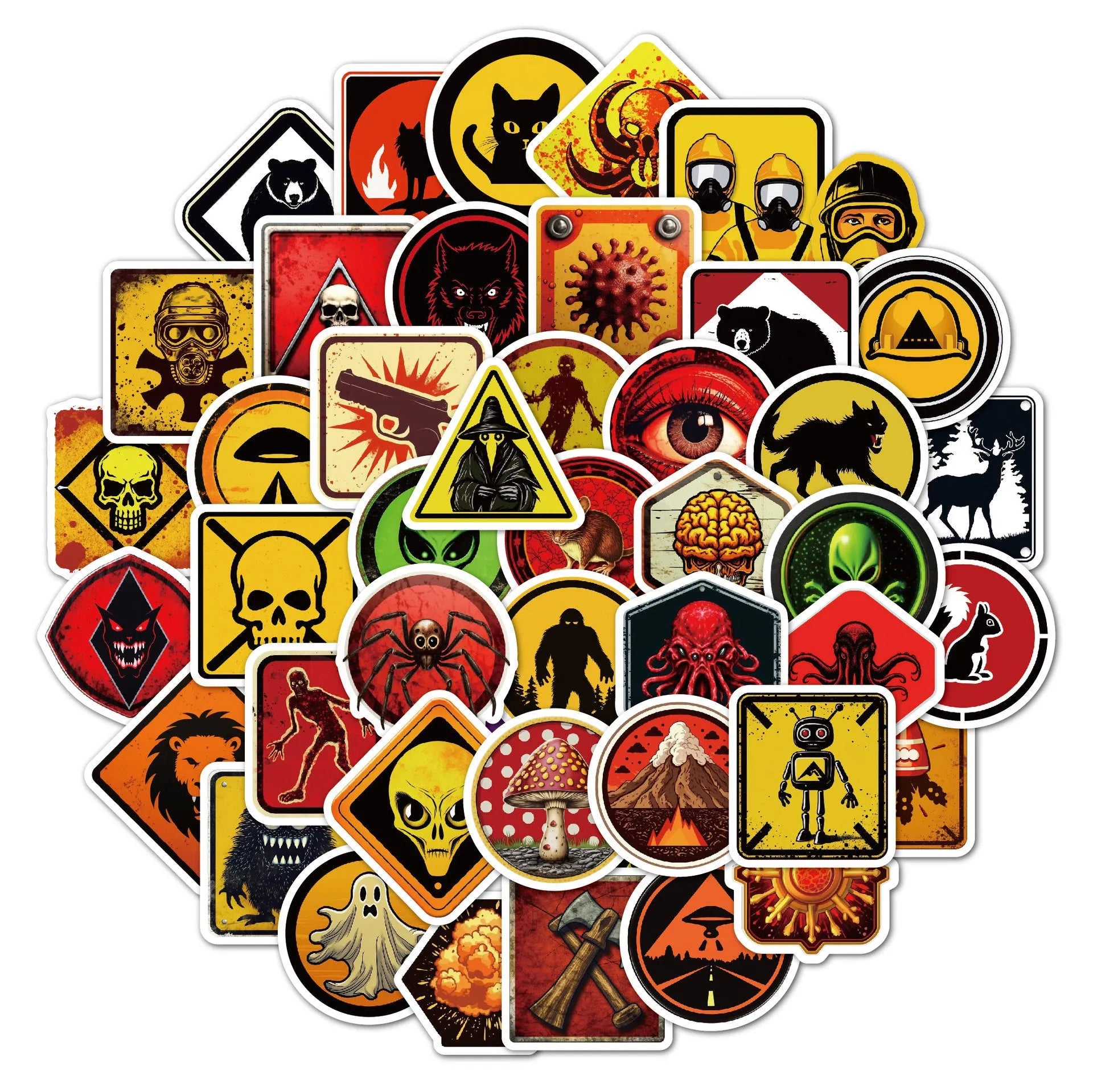 Pack of 50 personalised waterproof warning stickers with graffiti-style slogans on PVC adhesive.
