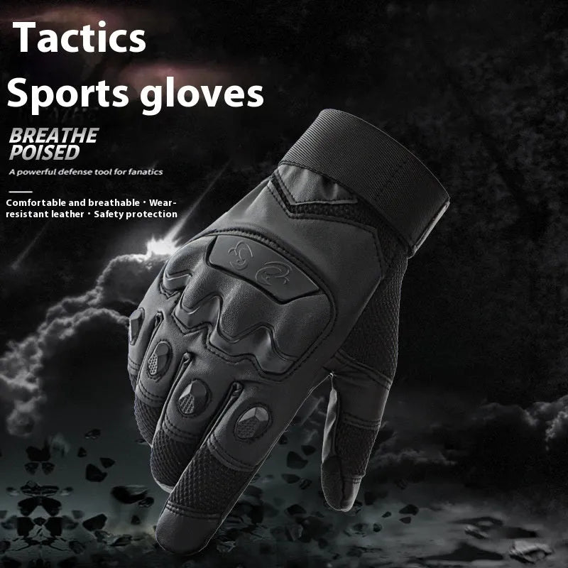 Men's black tactical training gloves with touch screen fingertips and breathable fabric construction