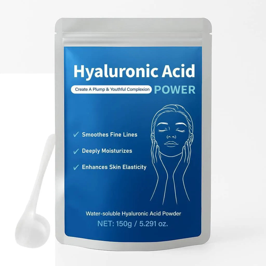 Container of 150g hyaluronic acid powder for DIY skincare and cosmetic formulation.