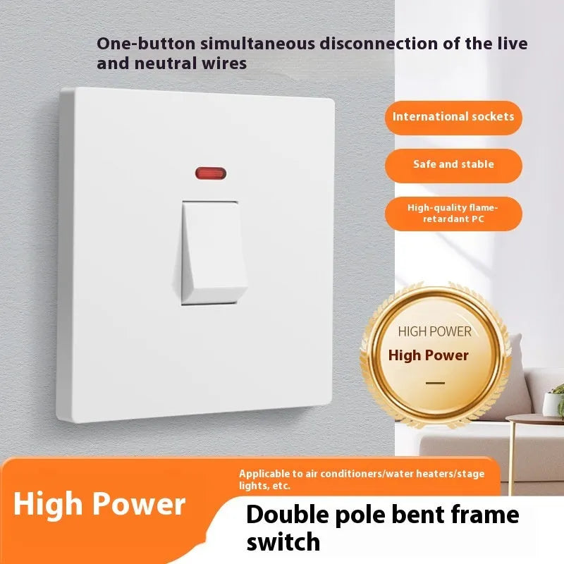 Gold curved rack panel switch with LED indicator light for high-current applications.