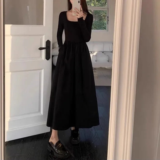 Women's square collar knitted A-line dress with elastic waist in black or grey