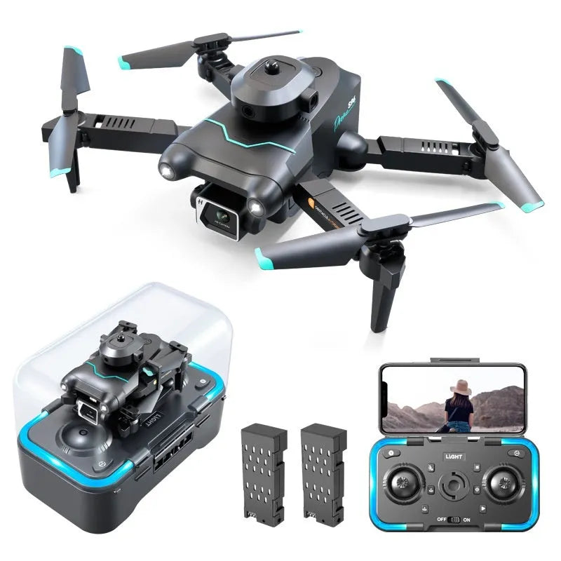 Black quadcopter drone with obstacle avoidance sensors and dual camera configuration for aerial photography