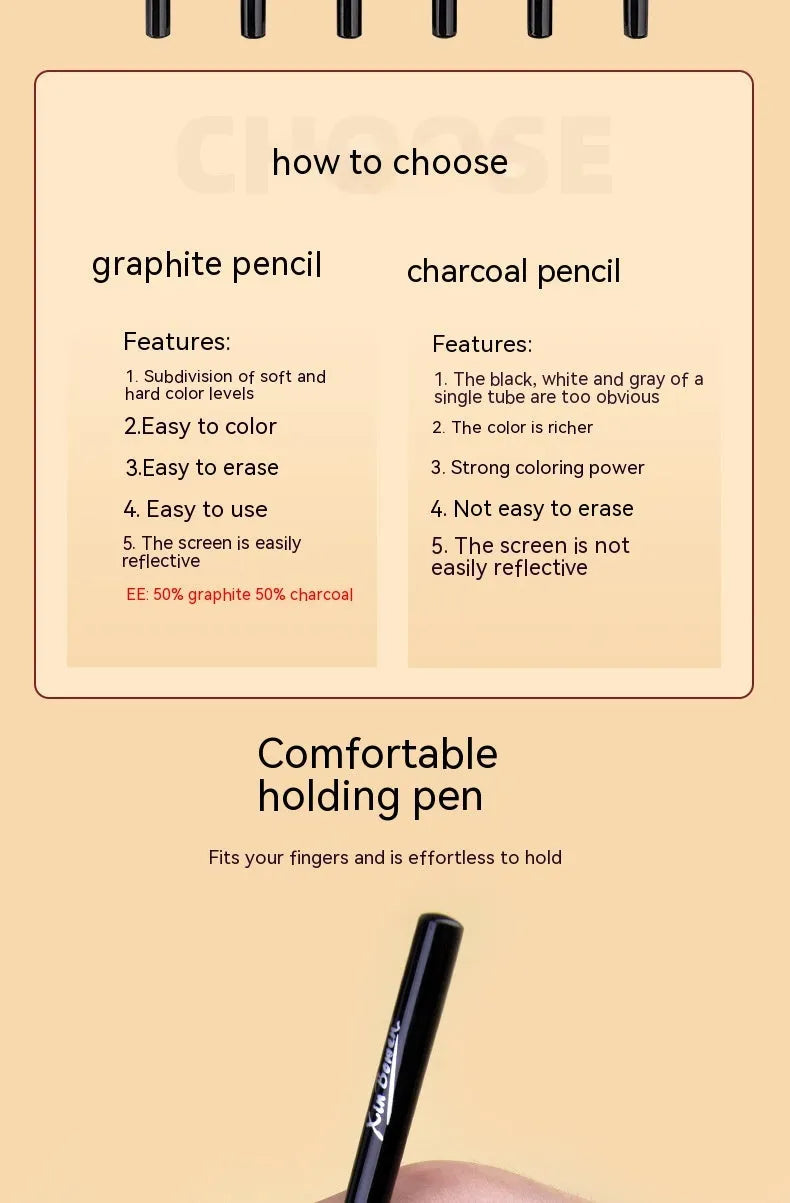 Set of wood-free graphite sketching pencils in six hardness grades for drawing and art