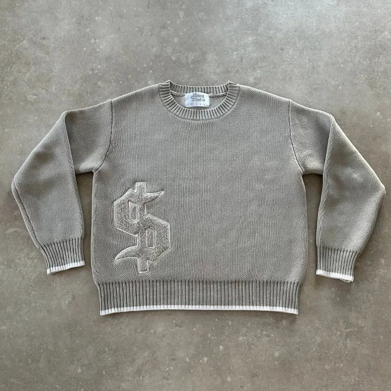 Grey loose-fitting women's jacquard knitwear pullover coat for autumn winter