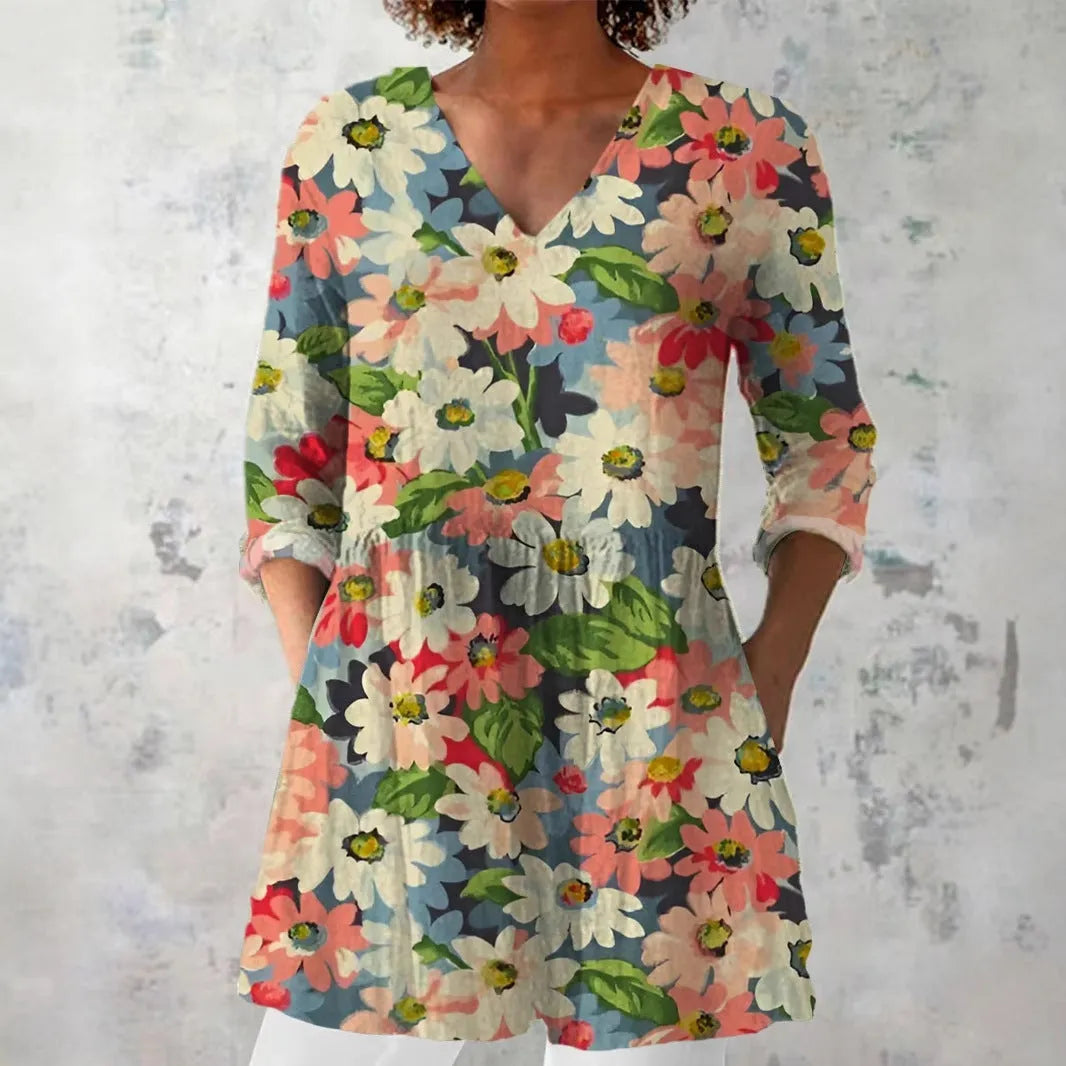 Women's slim fit long-sleeved top with a retro digital print pattern in a colour option.