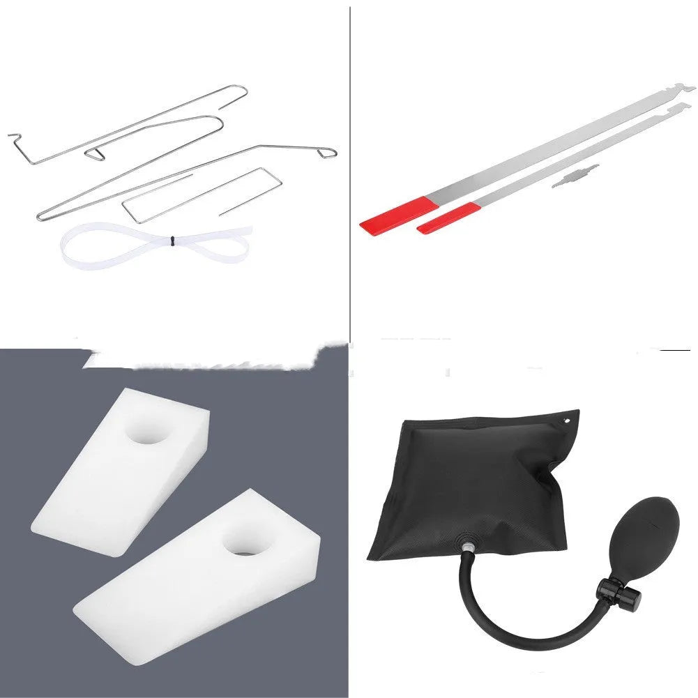 9-piece automotive maintenance tool set with plastic wedges, hooks, cable tie and crowbar tools