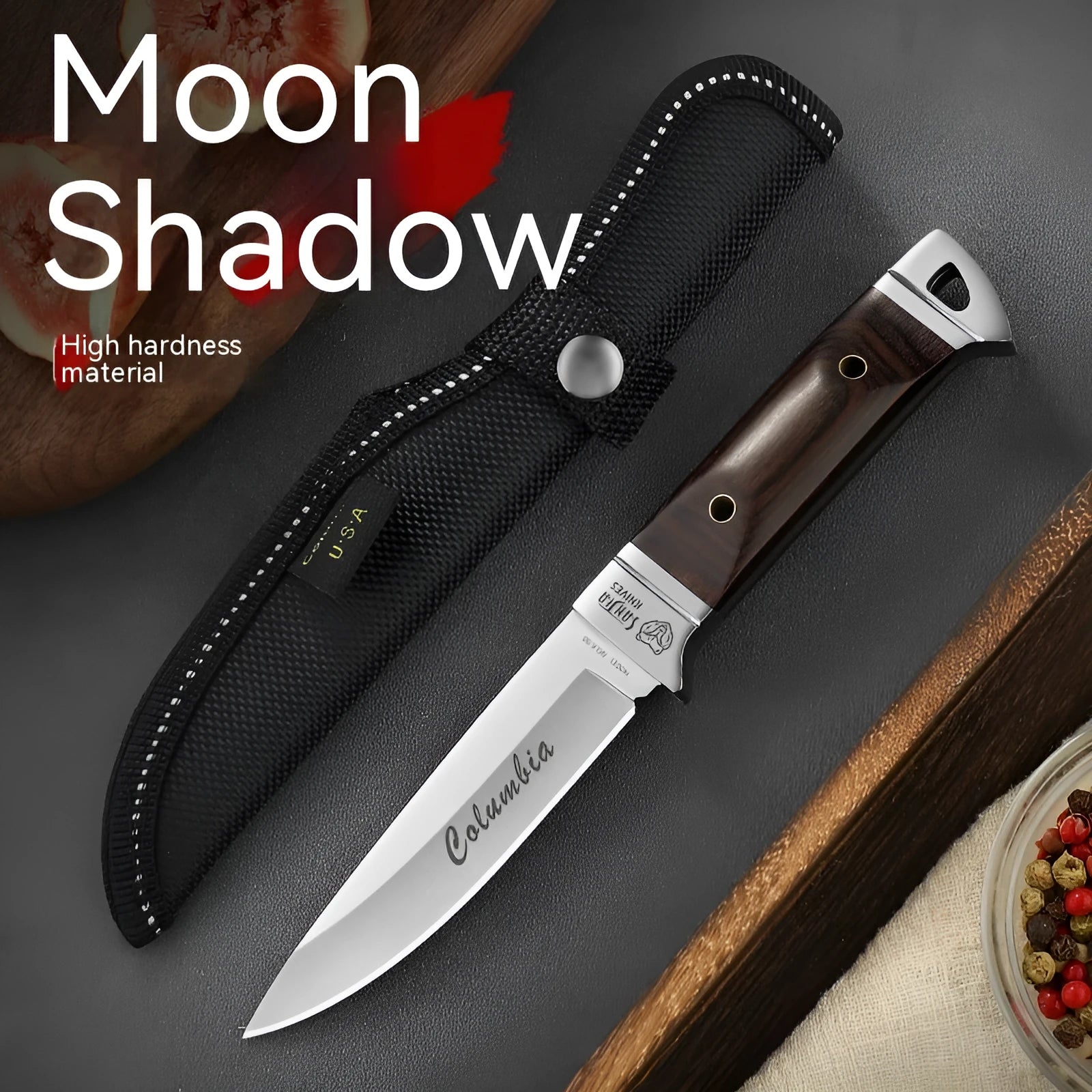 Camping stainless steel fruit knife with national style design in leather case