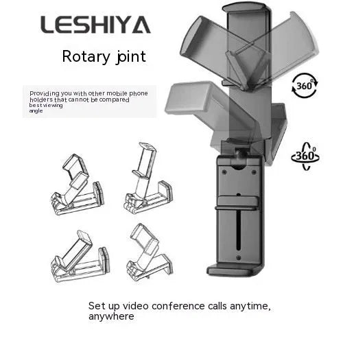 Universal foldable rotating phone holder in black, showing adjustable angle mechanism