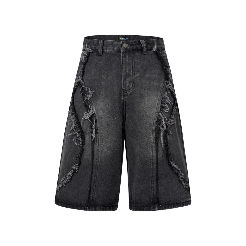 Men's distressed raw edge denim shorts in straight leg cropped style, shown in black