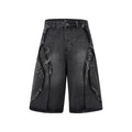 Men's distressed raw edge denim shorts in straight leg cropped style, shown in black
