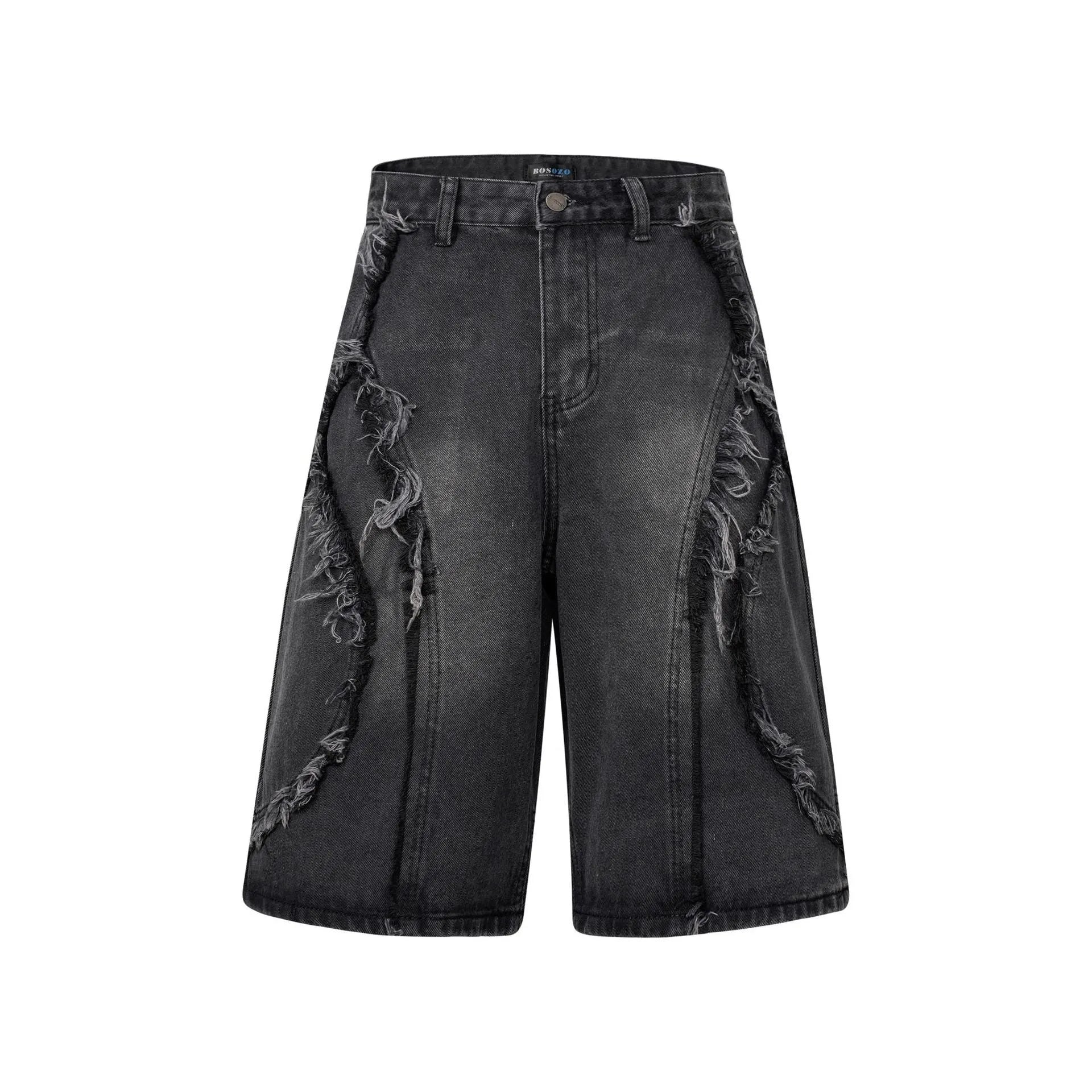 Men's distressed raw edge denim shorts in straight leg cropped style, shown in black