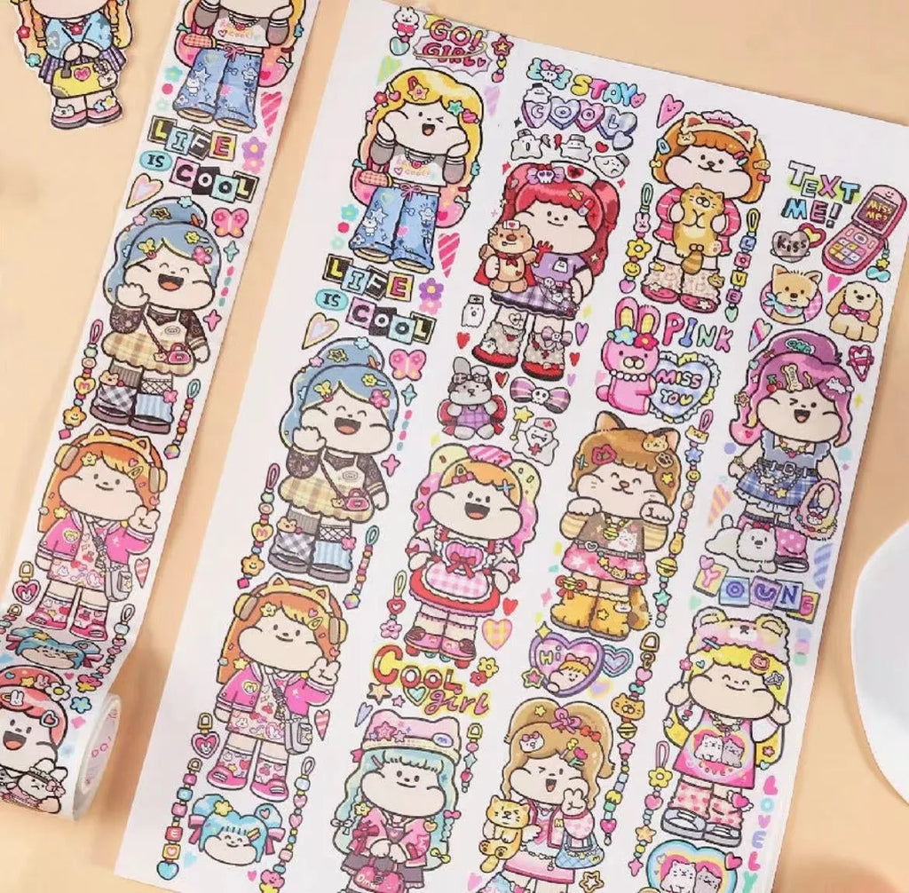 Sheet of cute cartoon character stickers on Japanese paper for haemorrhoid tape packaging.