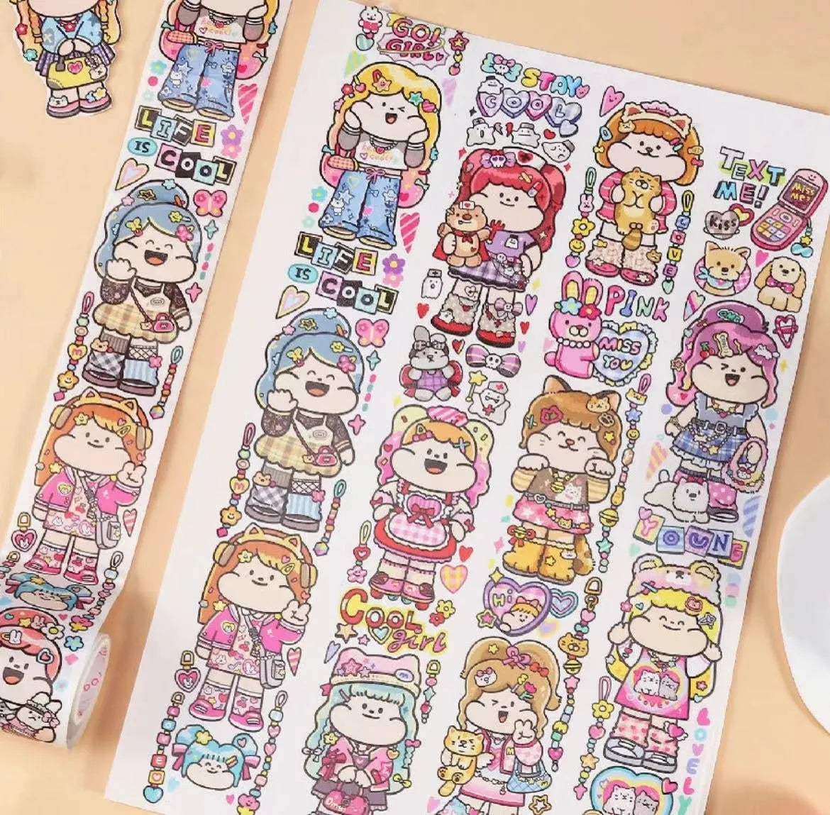 Sheet of cute cartoon character stickers on Japanese paper for haemorrhoid tape packaging.